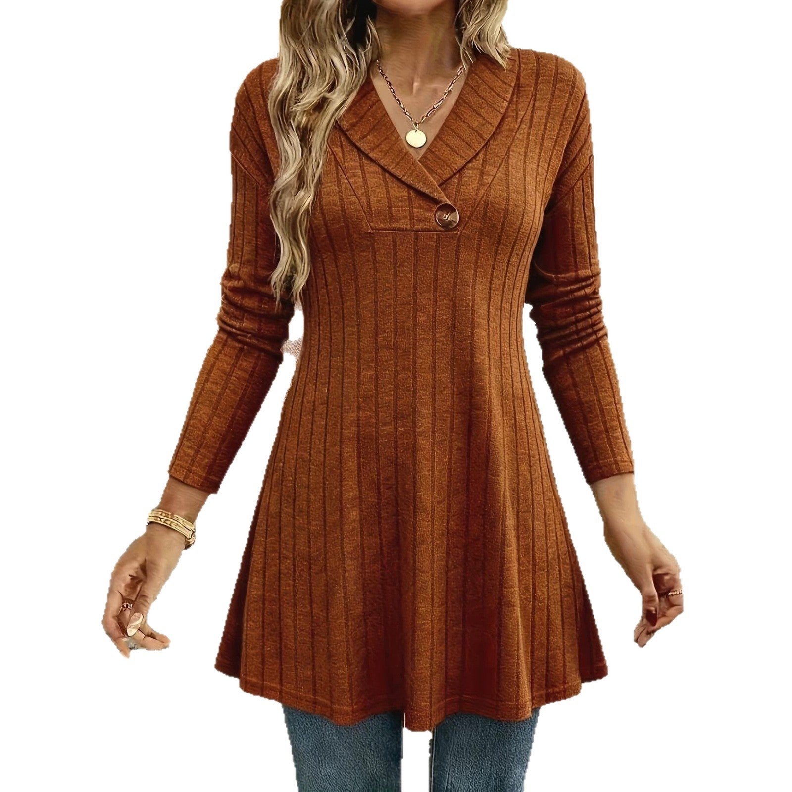 Women Knitted A-Line Tunic Dress with Lapel and Decorative Button Chichicherry
