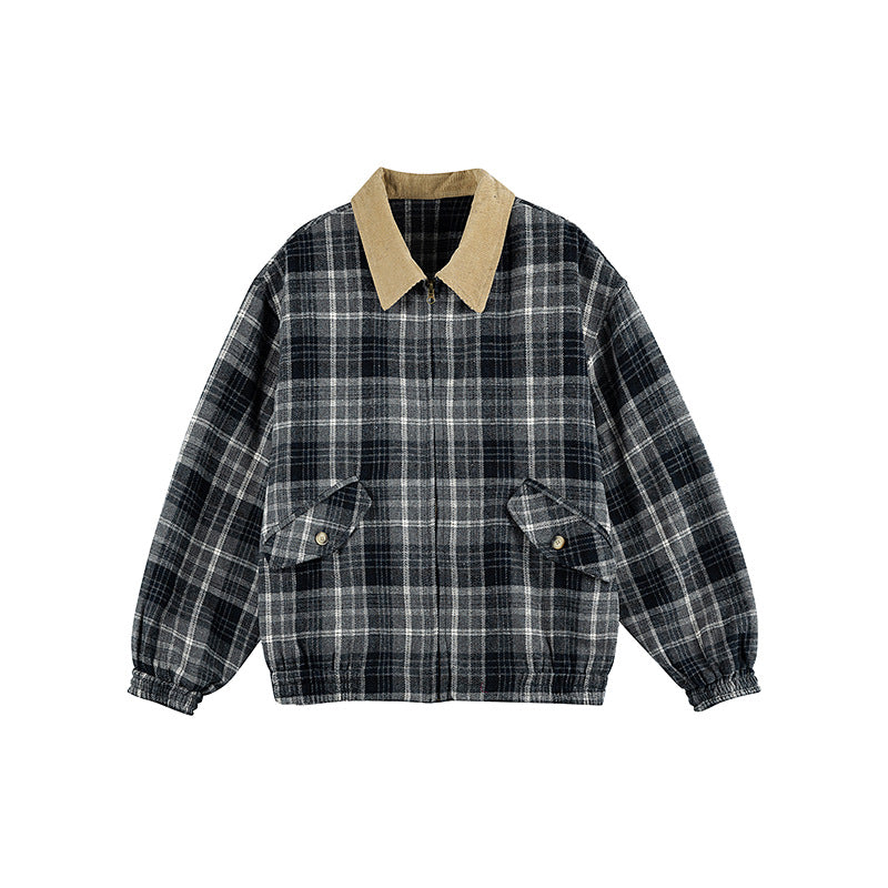Unisex Checkered Boxy Over Shirt Jacket with Corduroy Collar, Concealed Zipper and Patch Flap Pockets Chichicherry