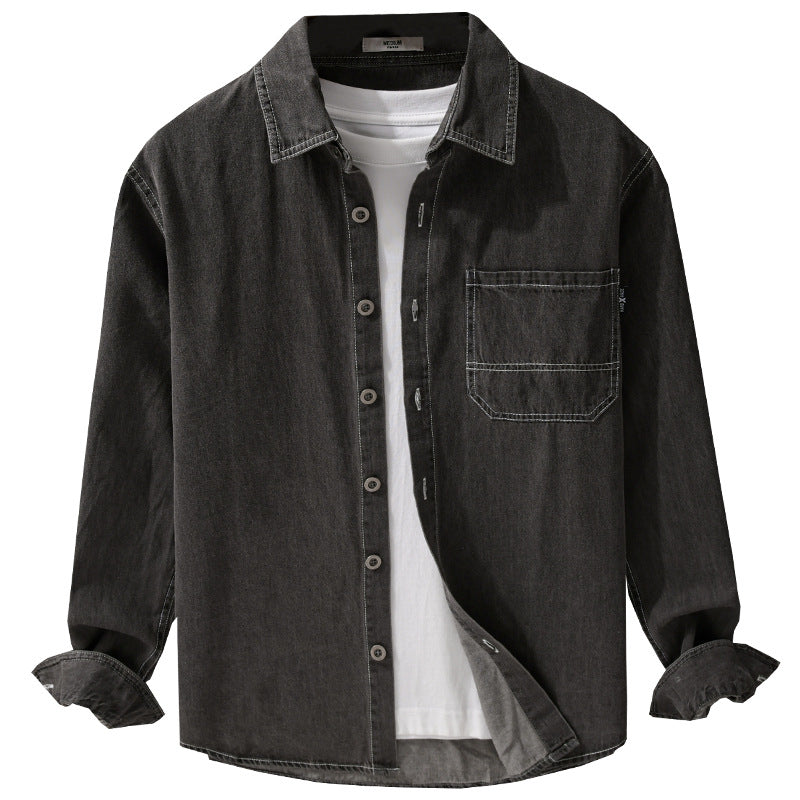 Men's Washed Denim Overshirt in Workwear Look with Contrast Stitches Chichicherry