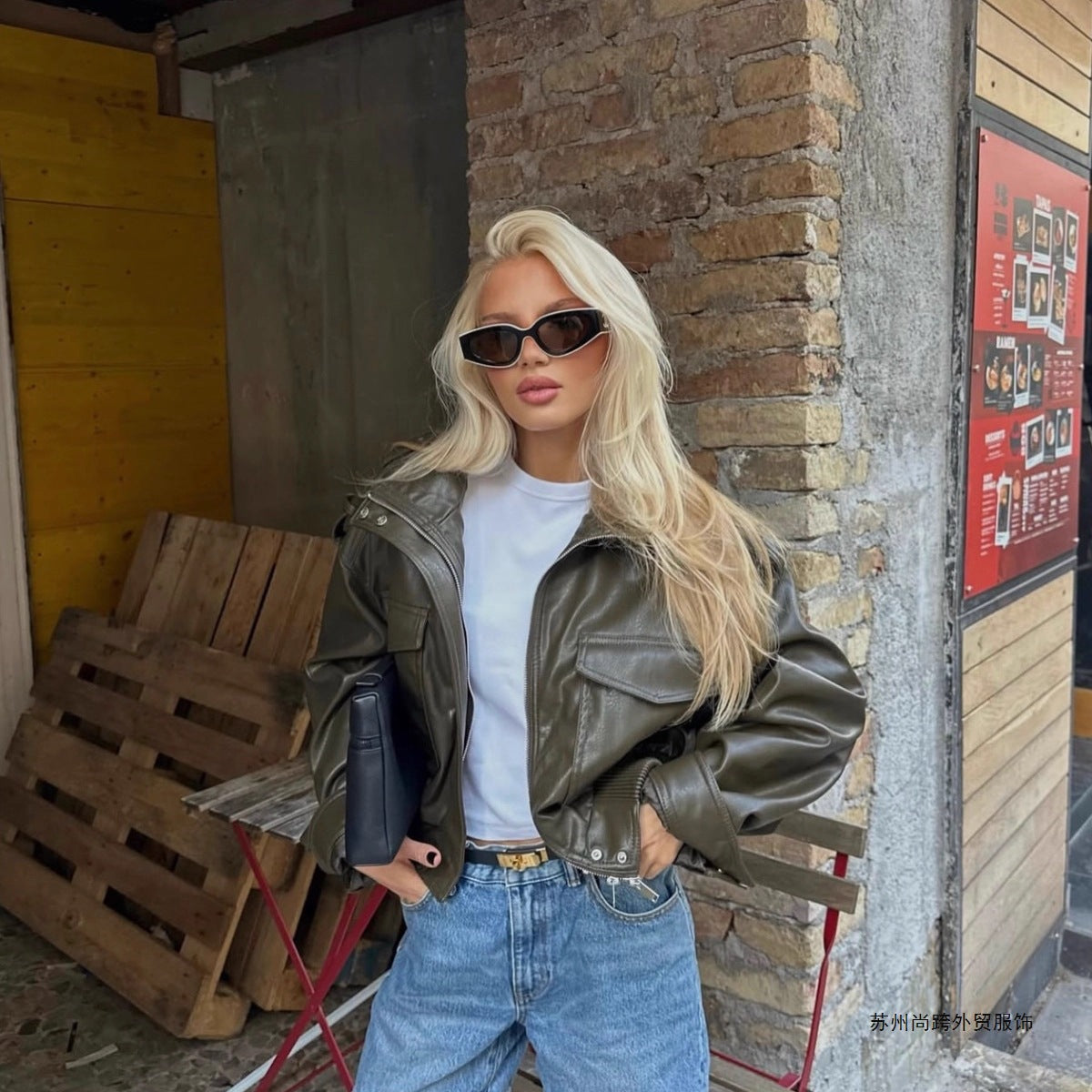 Women Short-Cut Leather Bomber with High Stand Collar, Shoulder Straps and Flap Pockets Chichicherry