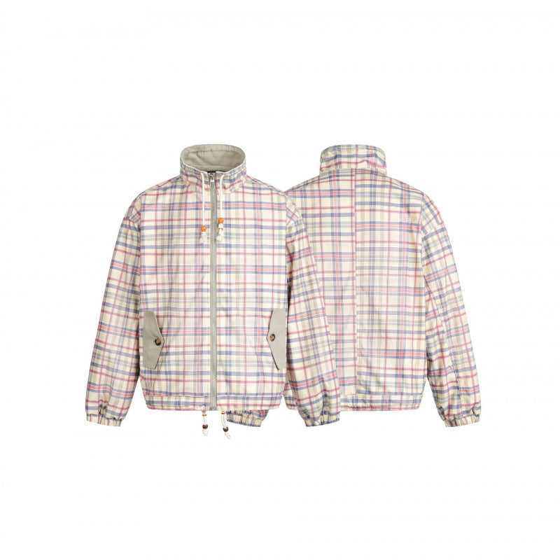 Women Lightweight Checkered Stand Collar Jacket with Drawstring and Flap Pockets Chichicherry