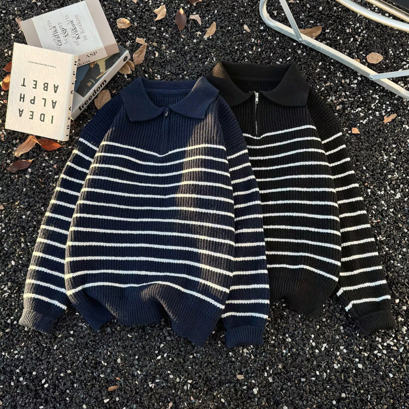 Unisex Grobgestrickter Oversize-Pullover mit halbem Reißverschluss und Polokragen Chichicherry