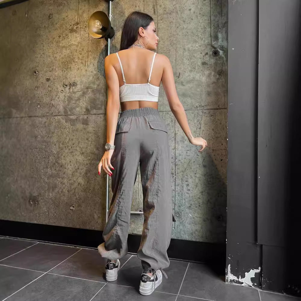 Damen Cargo-Haremshose mit hoher elastischer Taille und aufgesetzten Klappentaschen Chichicherry