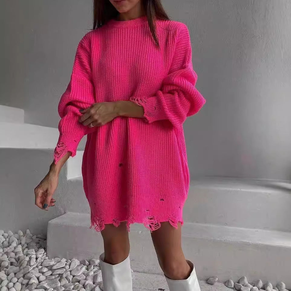 Damen Oversized Strickkleid mit Destroyed-Saum und Ballonärmeln Chichicherry