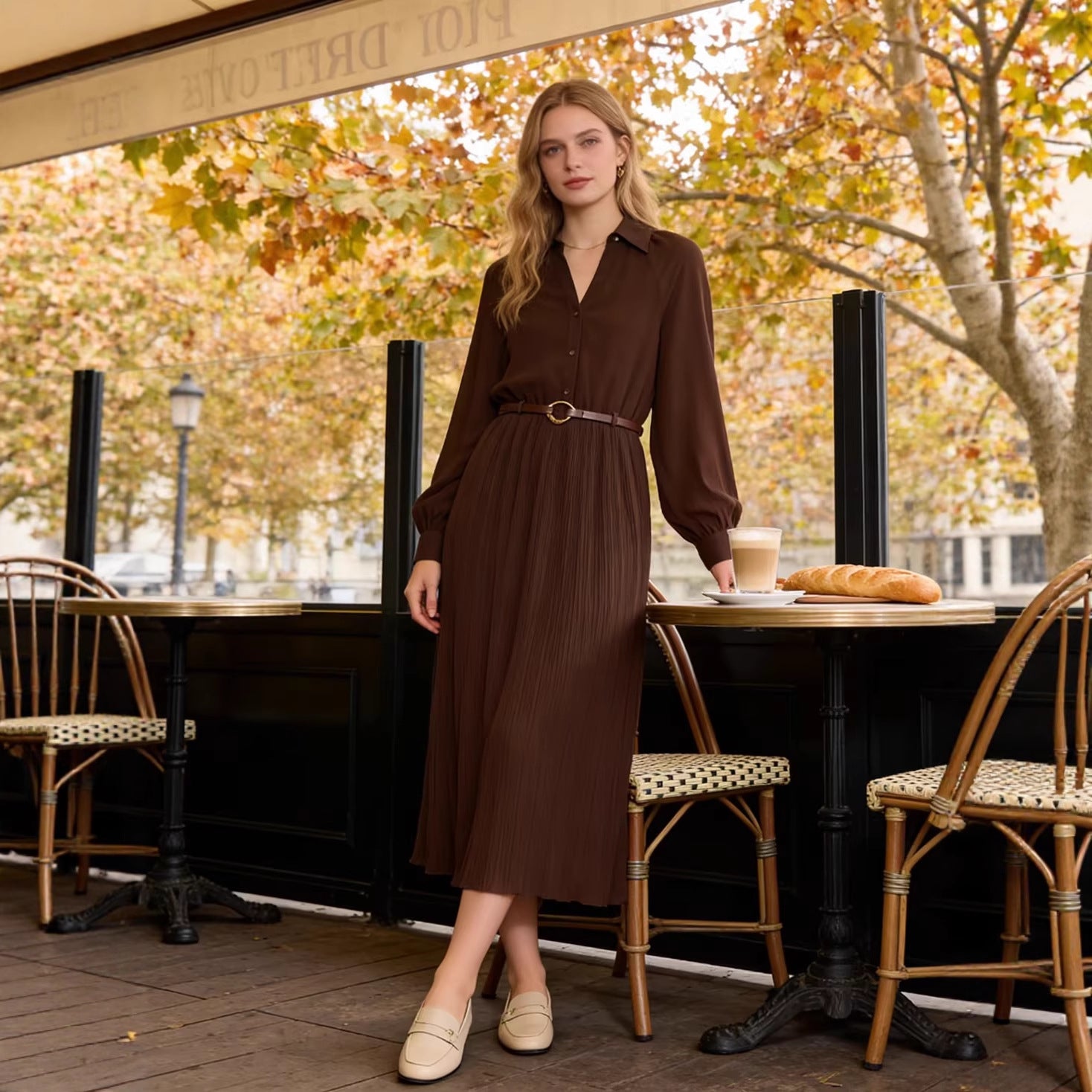 Women Pleated Shirt Dress with Balloon Sleeves, Concealed Button Placket, and Waist Belt Chichicherry