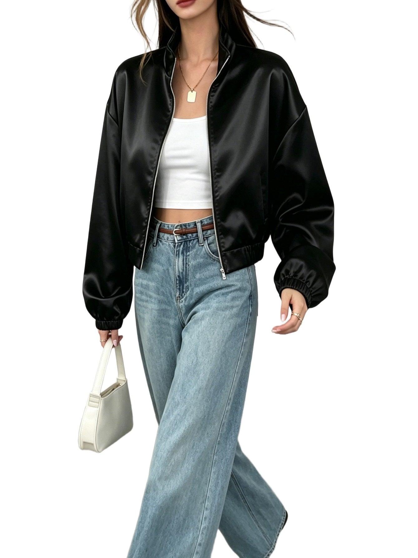 Women's Short Satin Bomber Jacket with Stand-up Collar and Zipper