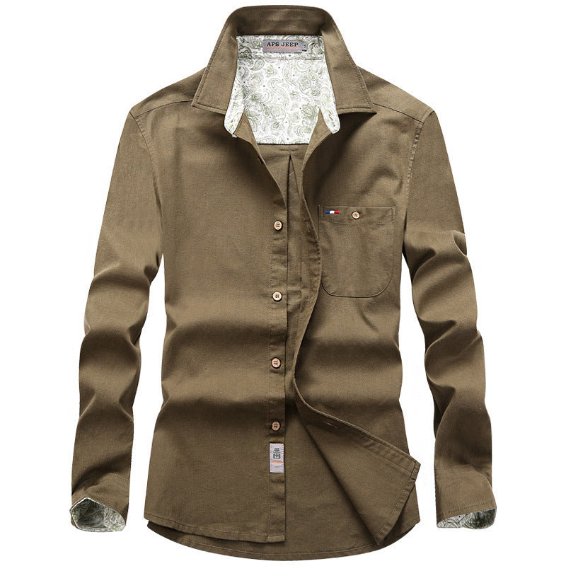 Men's long-sleeve shirt in worker canvas style with chest pocket and patterned collar lining Chichicherry
