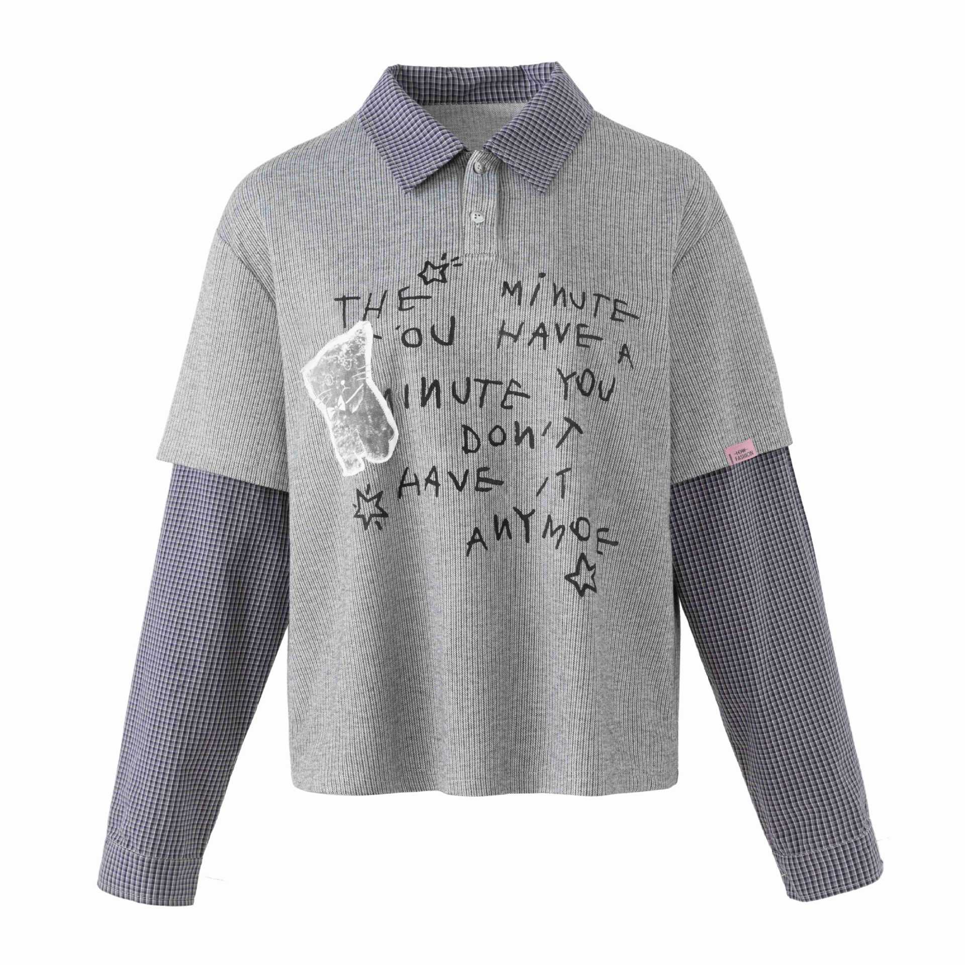 Unisex Layered Look Knit Polo Shirt with Checkered Insert Sleeves and Statement Print Chichicherry
