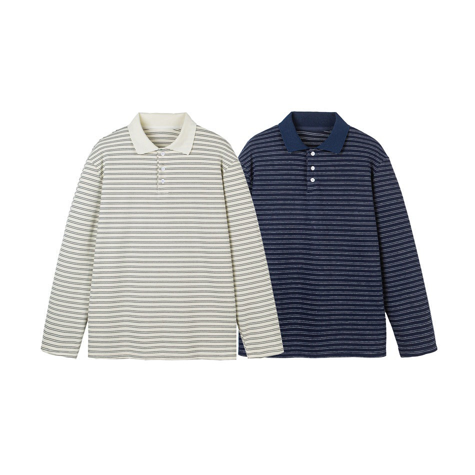Men's long-sleeve polo shirt made of fine cotton knit with a kent collar and fine stripe texture Chichicherry