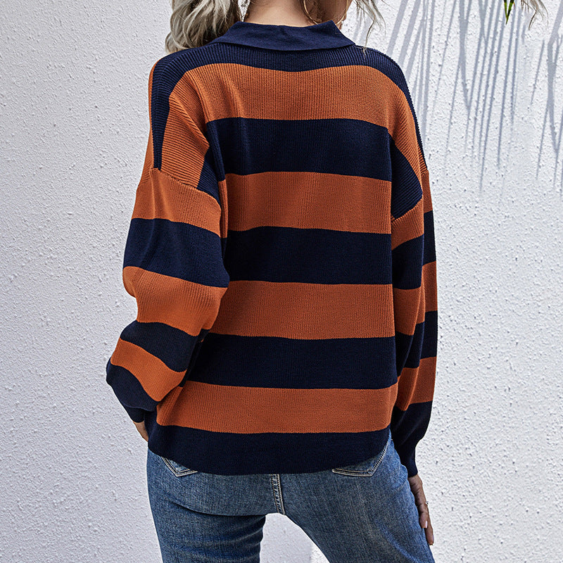 Women's Striped Polo Collar Knit Sweater with Button Row Detail Chichicherry