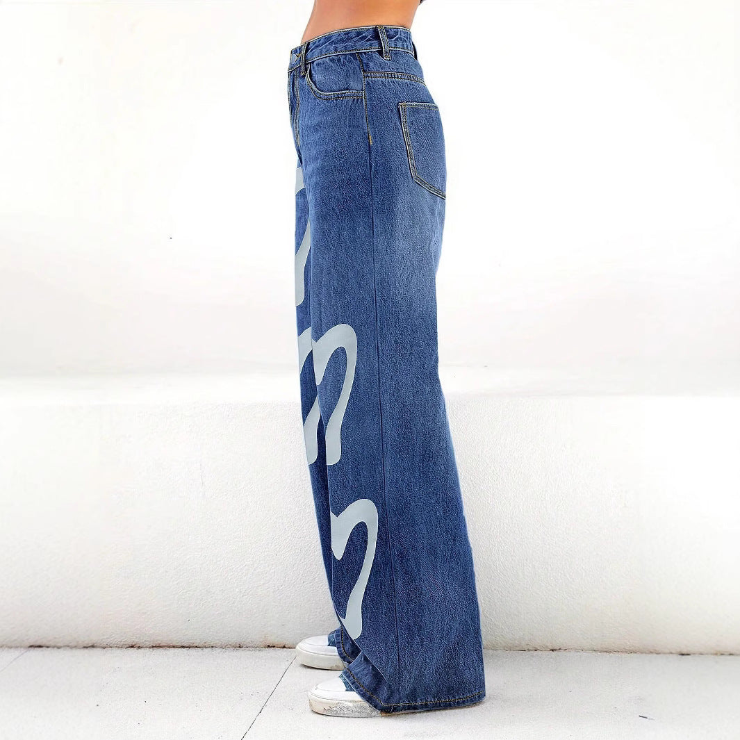 Ladies High-Waist Wide-Leg Jeans with large heart print Chichicherry