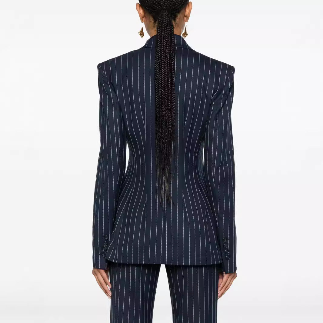 Women's Pinstripe Double-Breasted Blazer with High-Waist Flared Pants Chichicherry
