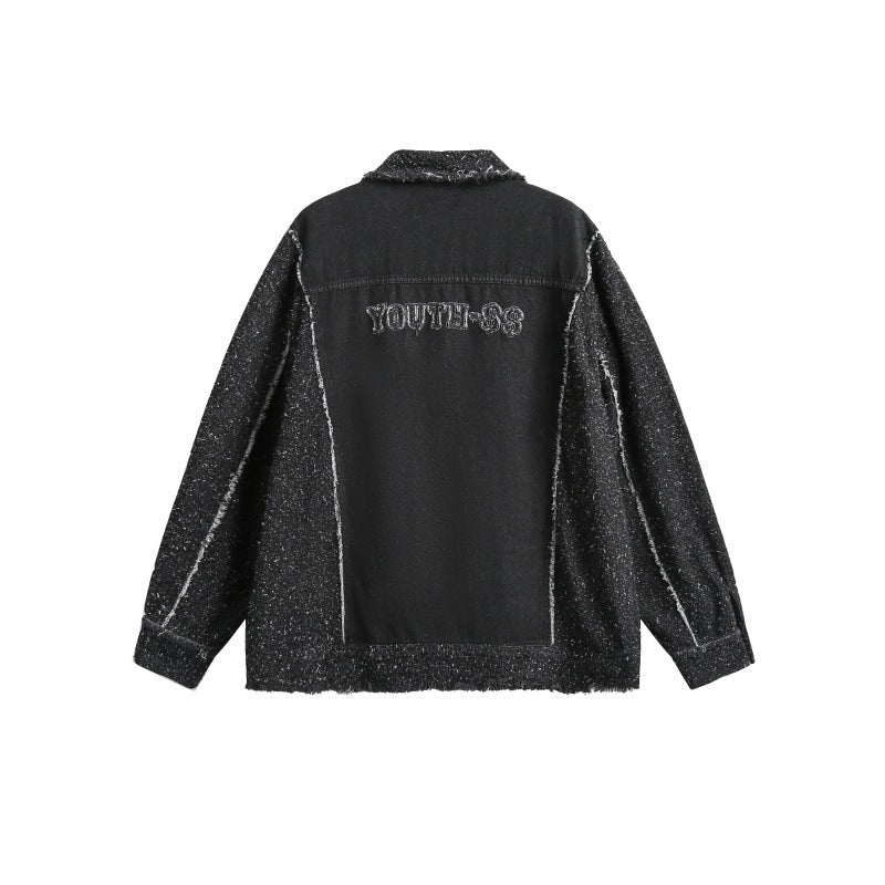 Unisex Oversized Denim Jacket with Mélange Boucle Sleeve and Frayed Edge Chichicherry