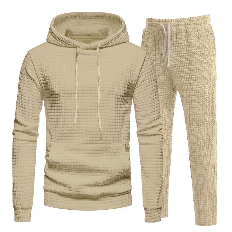Men's Waffle Texture Leisure Set with Hoodie and Drawstring Joggers Chichicherry