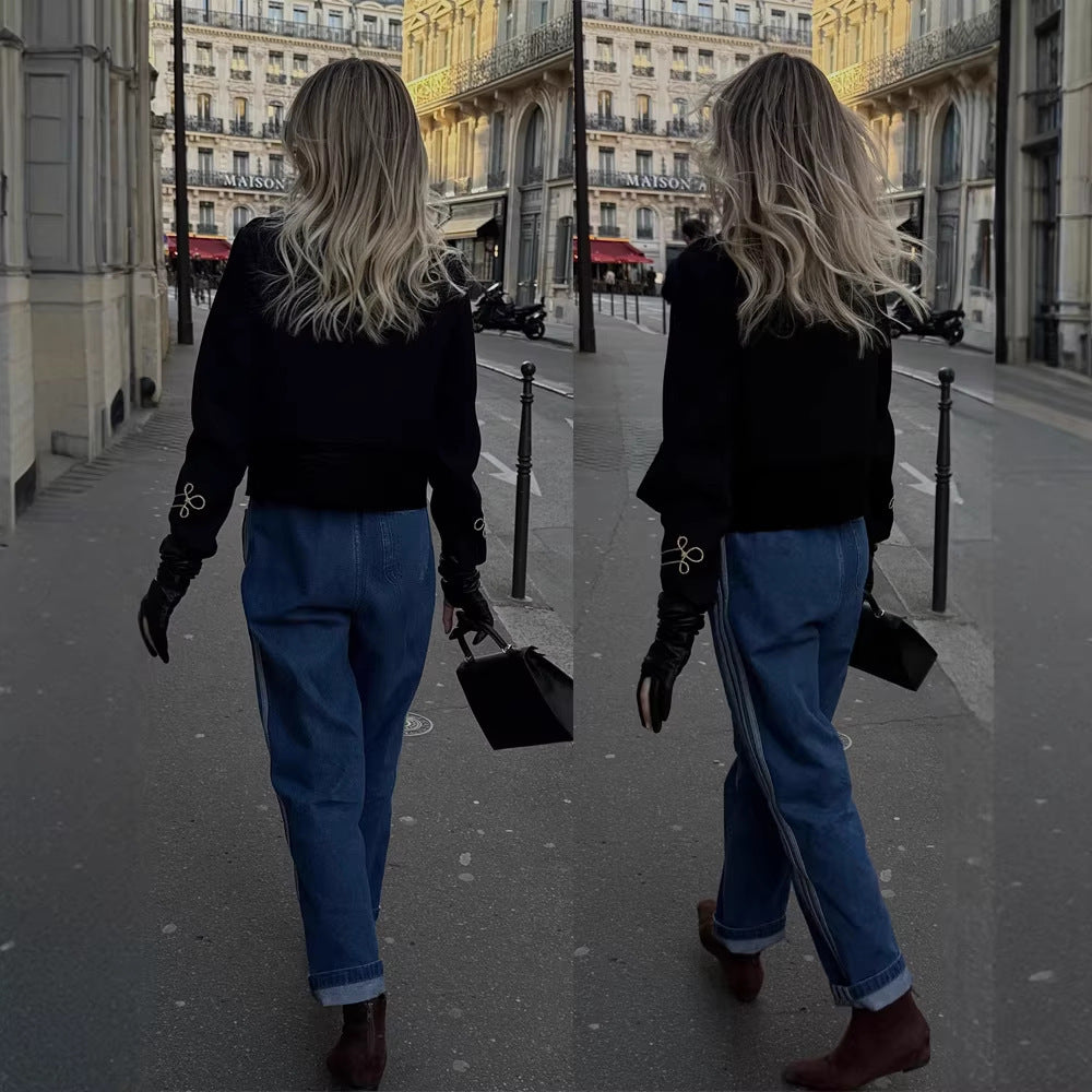 Women's short-cut military jacket with gold-embellished cords Chichicherry