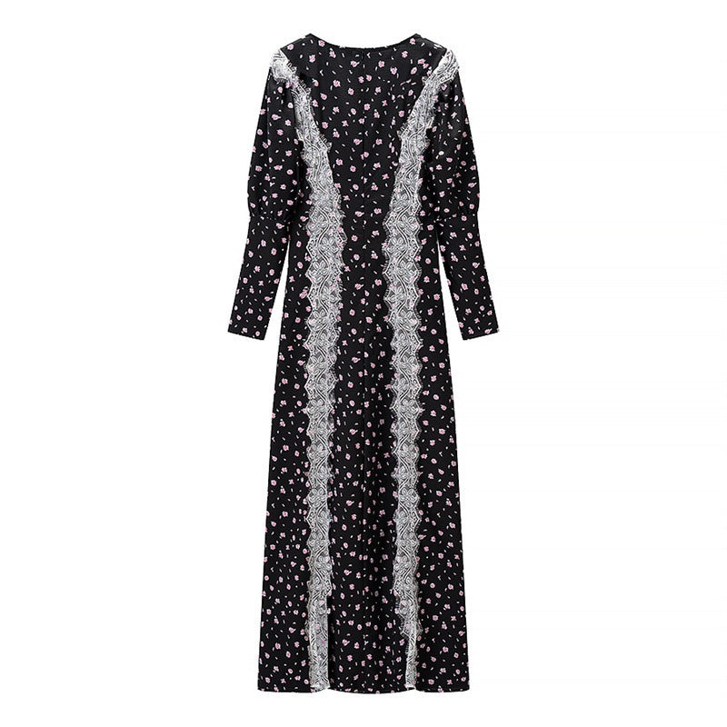 Women's Long Sleeve Maxi Dress with Lace Trimmings, Deep V-Neck and Floral All-Over Print Chichicherry