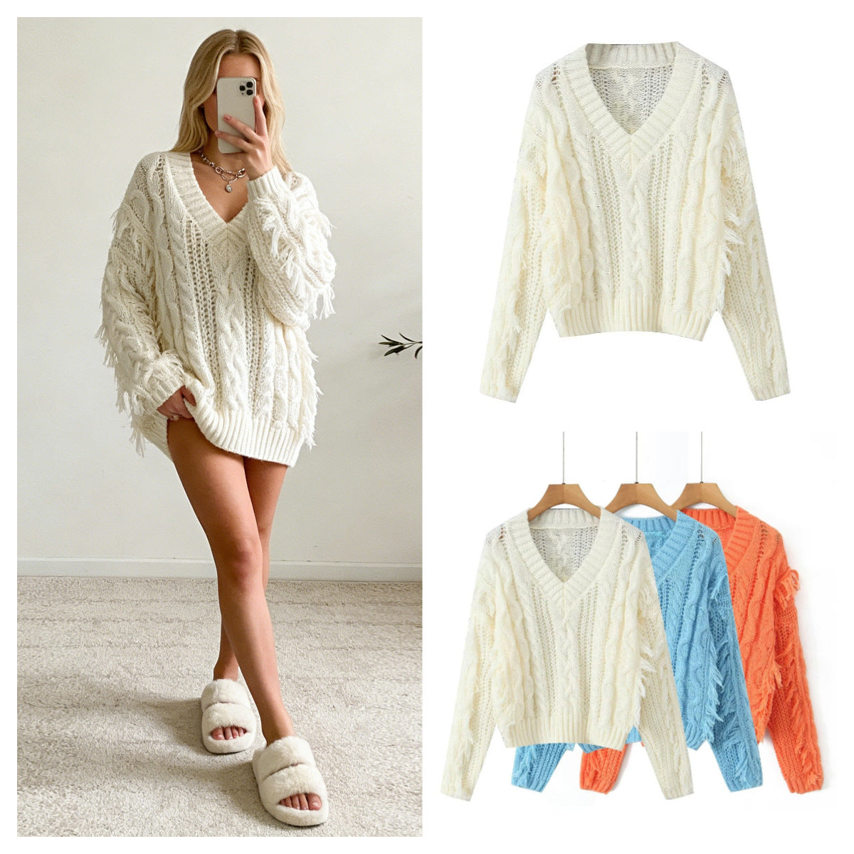 Women's Chunky Knit V-Neck Sweater with Cable Pattern and Fringes Chichicherry