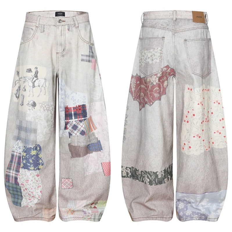 Women's Wide High-Waist Culotte Jeans with Patchwork Print and Balloon Silhouette Chichicherry