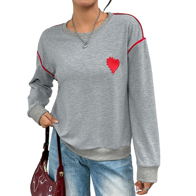 Women's Oversize Sweatshirt with Embroidered Heart, Contrast Piping and Ribbed Hem Chichicherry