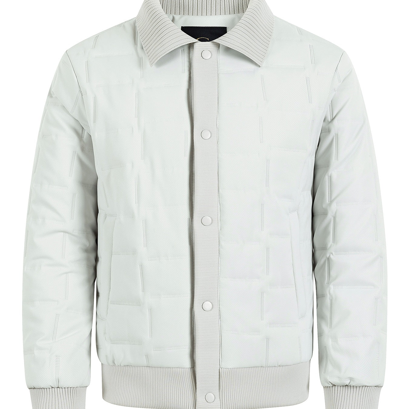Men's short-cut quilted bomber jacket with ribbed collar, snap button placket, and geometric quilt Chichicherry