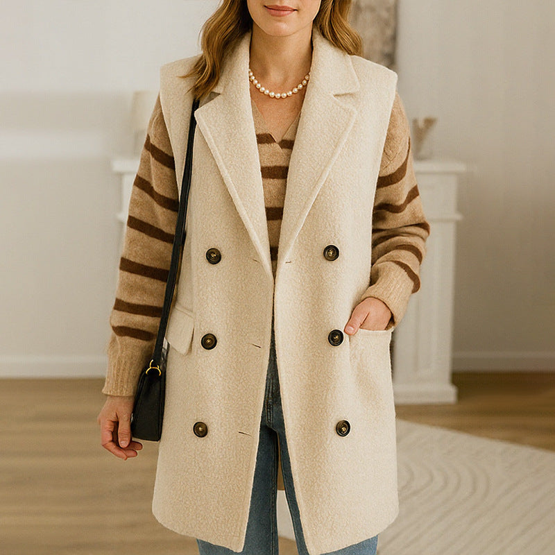 Women Long Sleeveless Boucle Vest with Double-Breasted Button Placket and Revere Collar Chichicherry