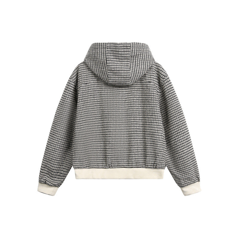 Unisex short-cut hooded blouson jacket in mixed structure with toggle closure and ribbed cuffs Chichicherry