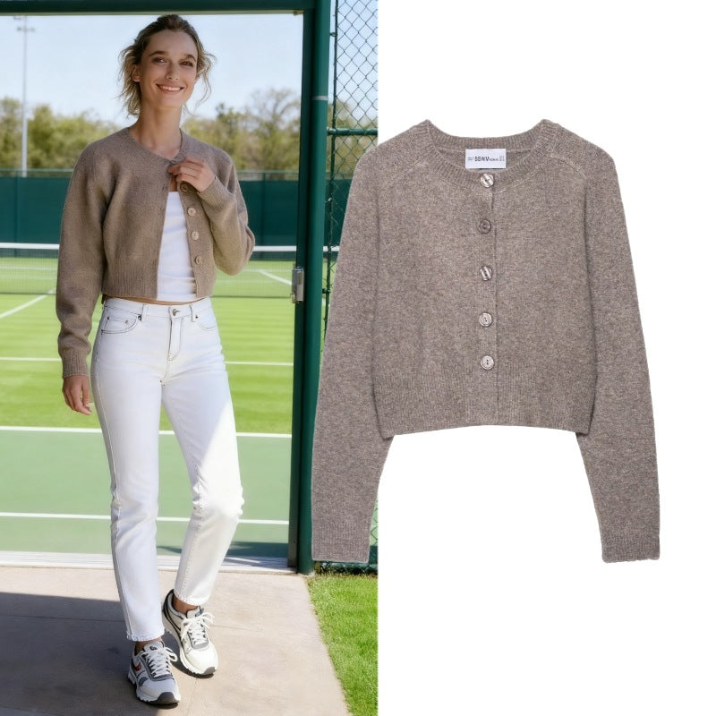 Ladies Cropped Raglan Cardigan with Pearl Buttons and Wide Ribbed Hem Chichicherry
