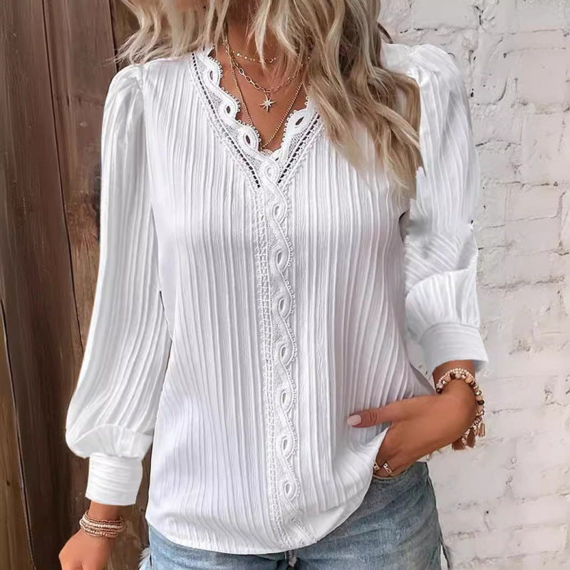 Women Pleated V-Neck Blouse with Lace Trim and Balloon Sleeves Chichicherry