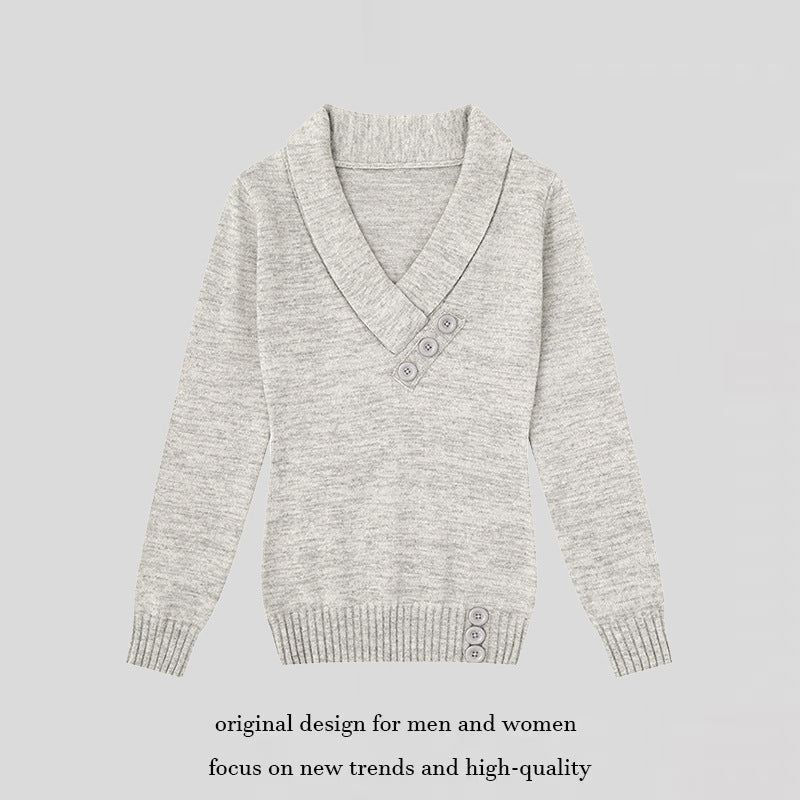Women’s fine knit pullover with shawl collar, V-neck and decorative buttons Chichicherry