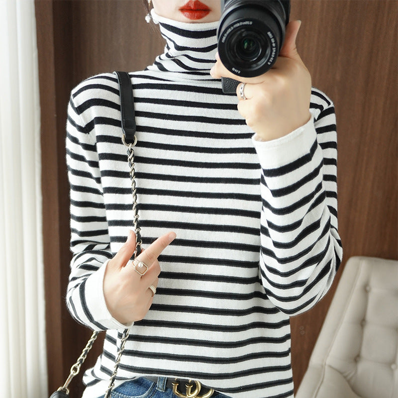 Ladies Maritime Fine Knit Turtleneck with Fine Stripe Pattern and Slim Fit Chichicherry