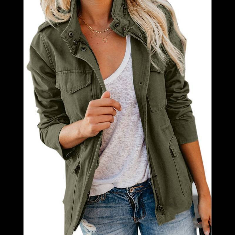 Women’s utility field jacket with stand-up collar, patch pockets and waist drawstring Chichicherry