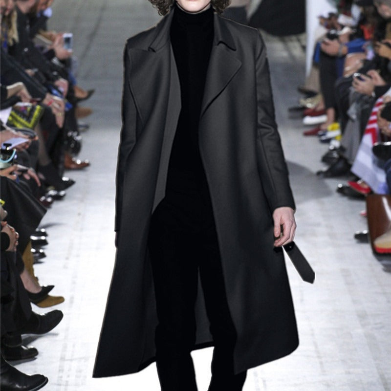 Men's extra long tailored wool blend coat with tie belt and wide shawl collar Chichicherry