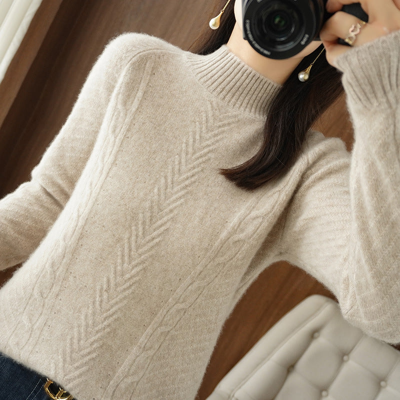 Women's Light Mohair-Look Stand Collar Sweater with Cable Lace and Tailored Silhouette Chichicherry