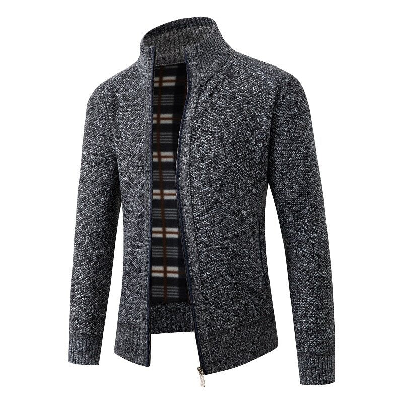 Men's Structured Zip Cardigan with Check Fleece Lining and Stand-Up Collar Chichicherry