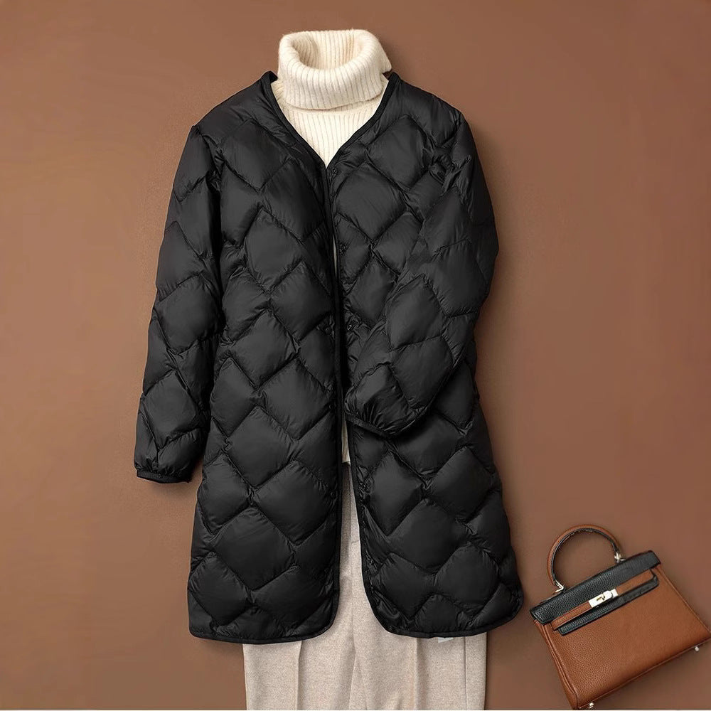 Women's Elegant Long Coat in Quilted Down Look with Diamond Quilting and Concealed Snap Button Placket Chichicherry