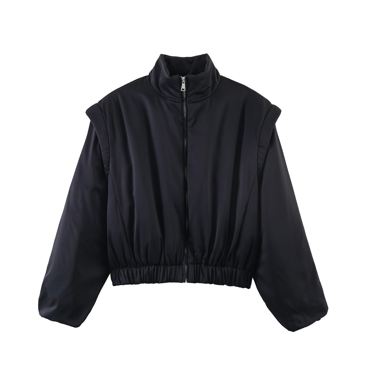 Women Short Cropped Puffer Jacket with Stand-up Collar, Zipper, and Elastic Waist Chichicherry