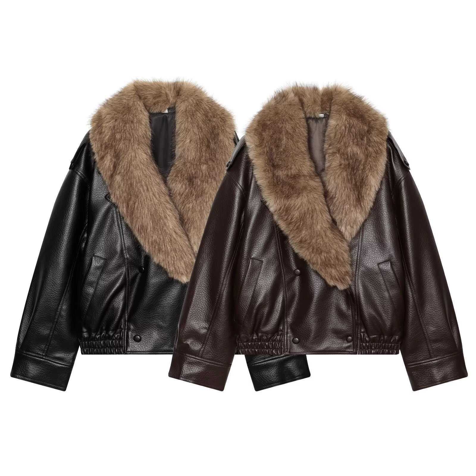 Women's Short Cut Biker Leather Jacket with Voluminous Faux Fur Shawl Collar Chichicherry
