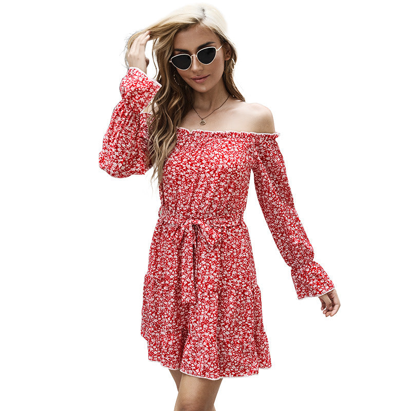Women off-shoulder floral dress with bardot neckline, belted waist and ruffled hem