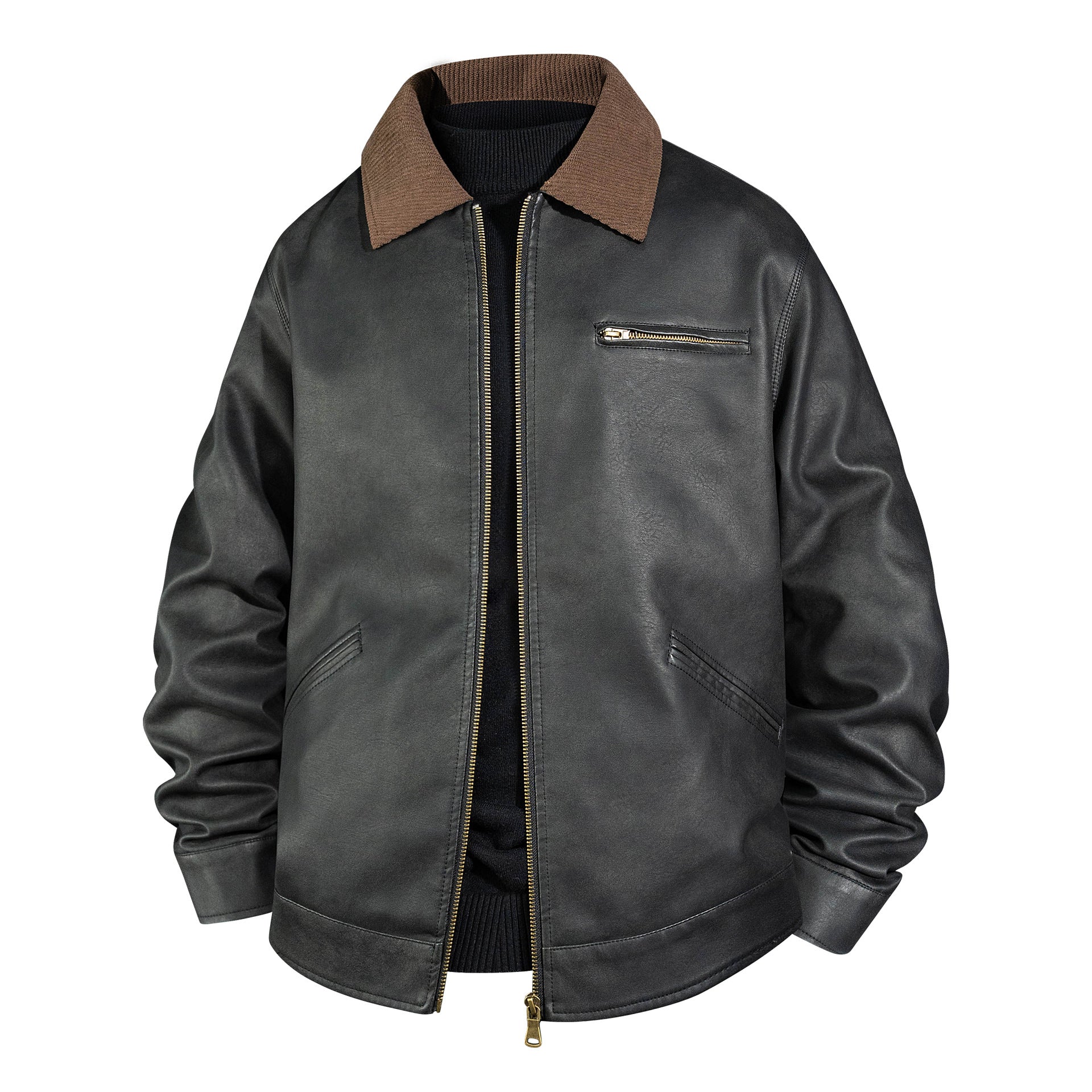 Men's Vintage Leather Bomber Jacket with Ribbed Collar Chichicherry