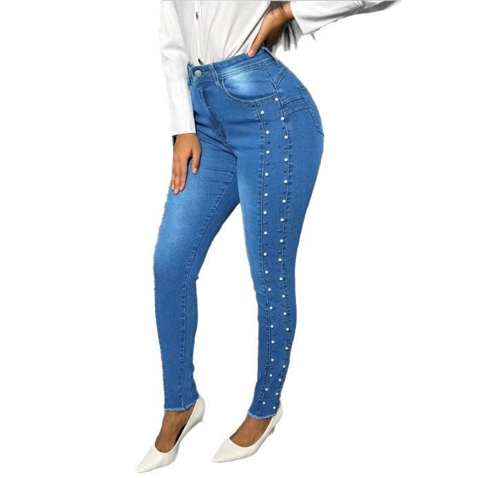 Women's shaping high-waisted skinny jeans with side pearl embellishment Chichicherry