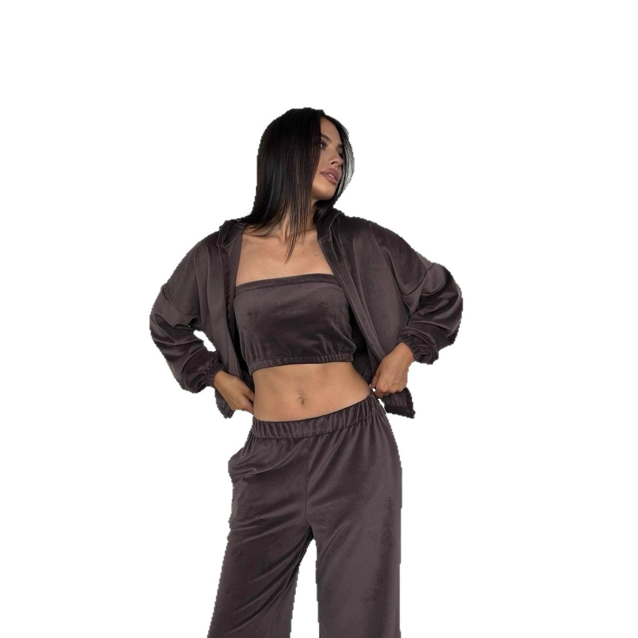 Damen Velours-Loungewear-Set mit Kapuzenjacke, Bandeau-Top und Jogginghose Chichicherry