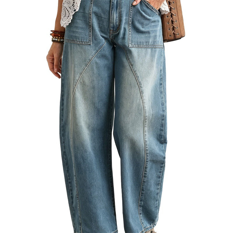 Women Wide High-Cut Jeans with Curved Seam Details and Patch Pockets Chichicherry