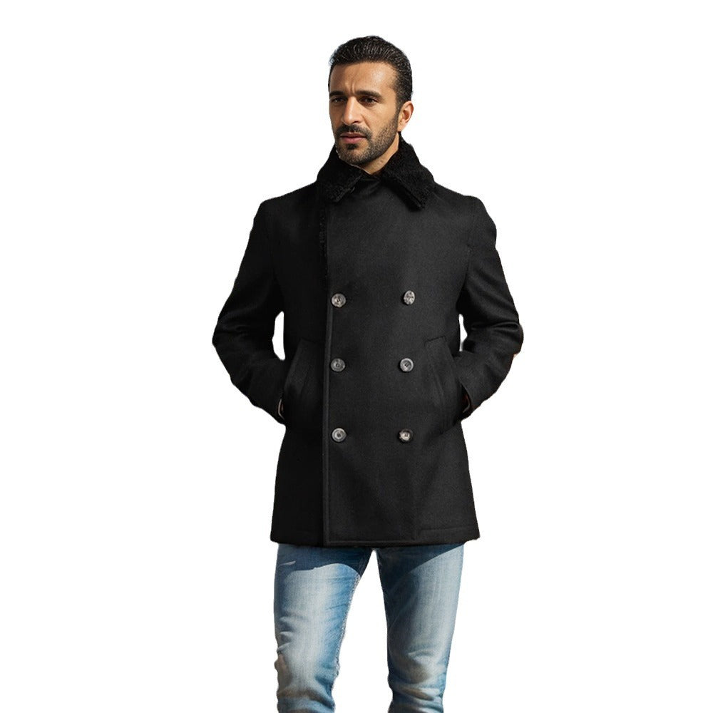Men's short coat in pea coat style made of wool blend with voluminous teddy collar and side pockets Chichicherry