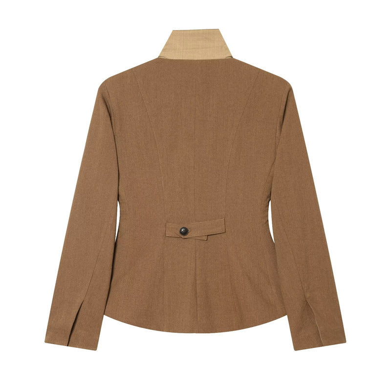 Women's Tailored Wool Riding Jacket with Stand-Up Collar and Flap Pockets Chichicherry