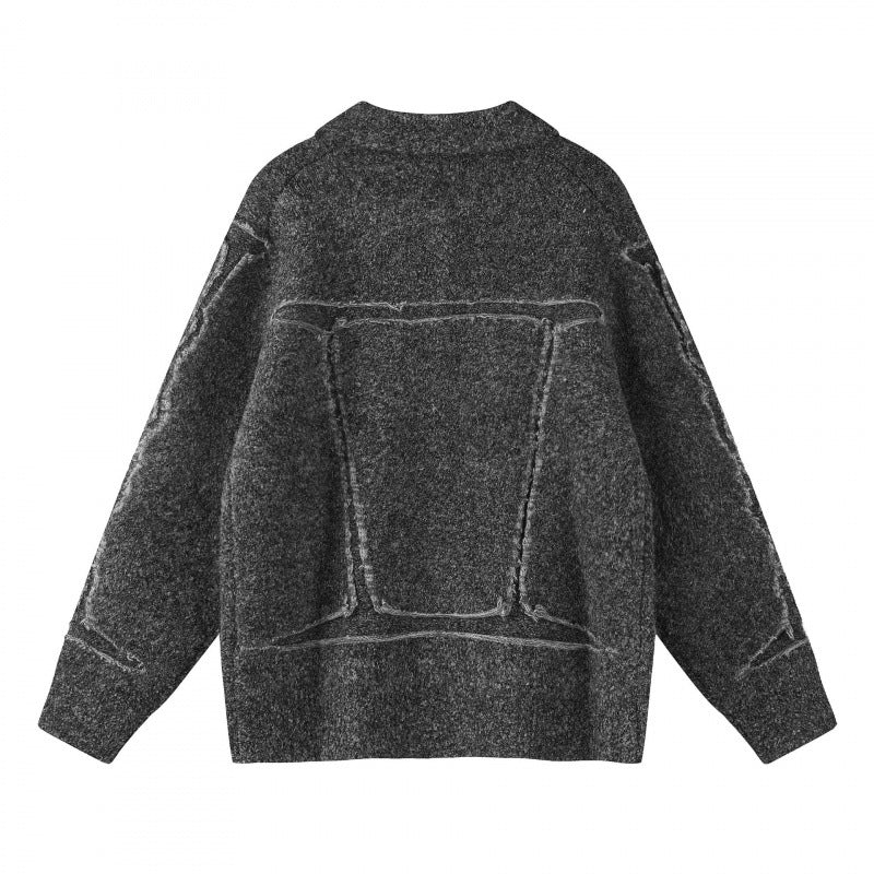 Unisex Oversize Cardigan in Shirt Jacket Look with Collar, Patch Breast Pockets and Fringe Trim Chichicherry