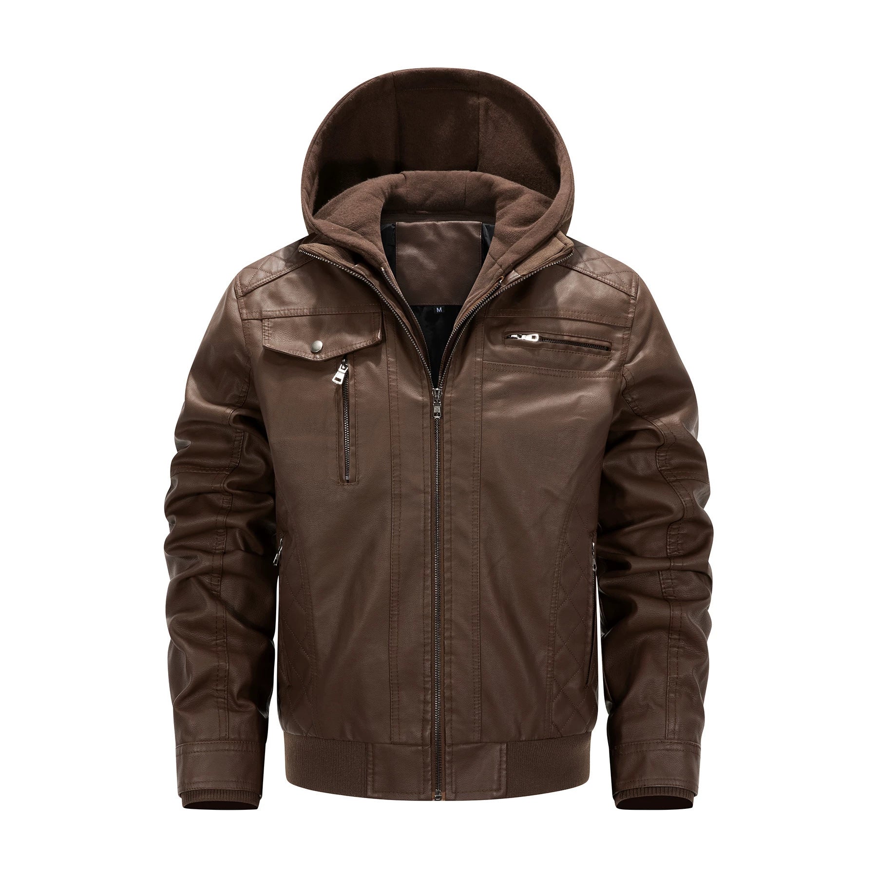 Men's Faux Leather Biker Jacket with Removable Hood Panel and Quilted Side Panels Chichicherry