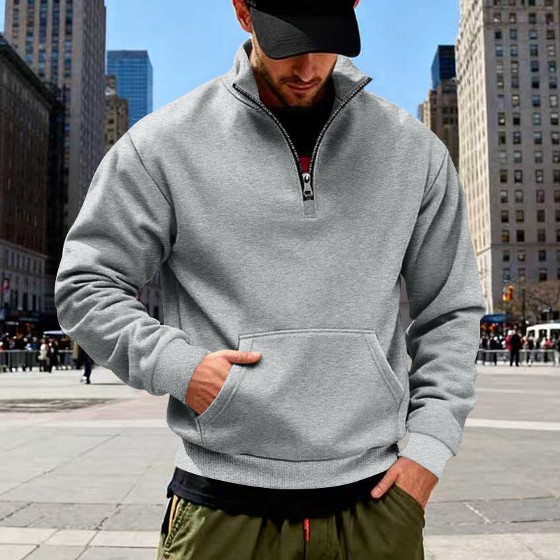 Men's Half-Zip Sweatshirt with Stand-Up Collar, Kangaroo Pocket and Ribbed Cuffs Chichicherry