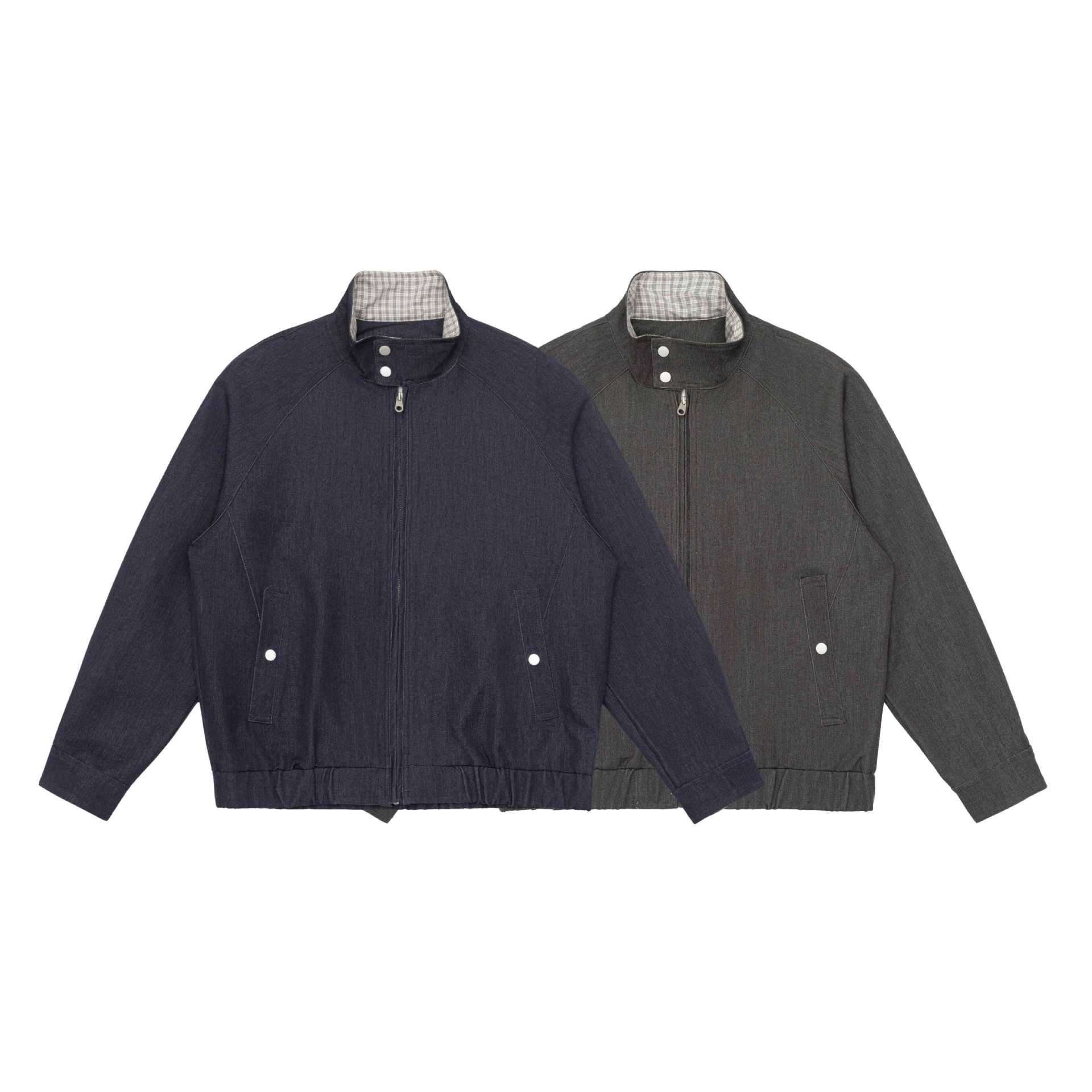 Unisex short jacket in denim mix with quilted division, stand-up collar and concealed zipper Chichicherry