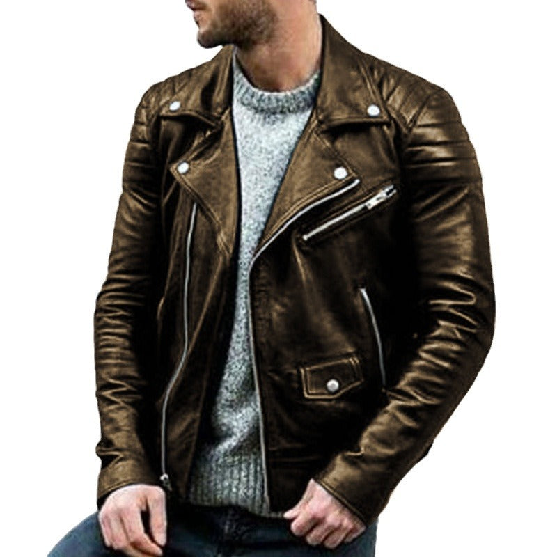 Men's Biker Leather Jacket with Asymmetrical Zipper and Quilted Shoulder Area Chichicherry