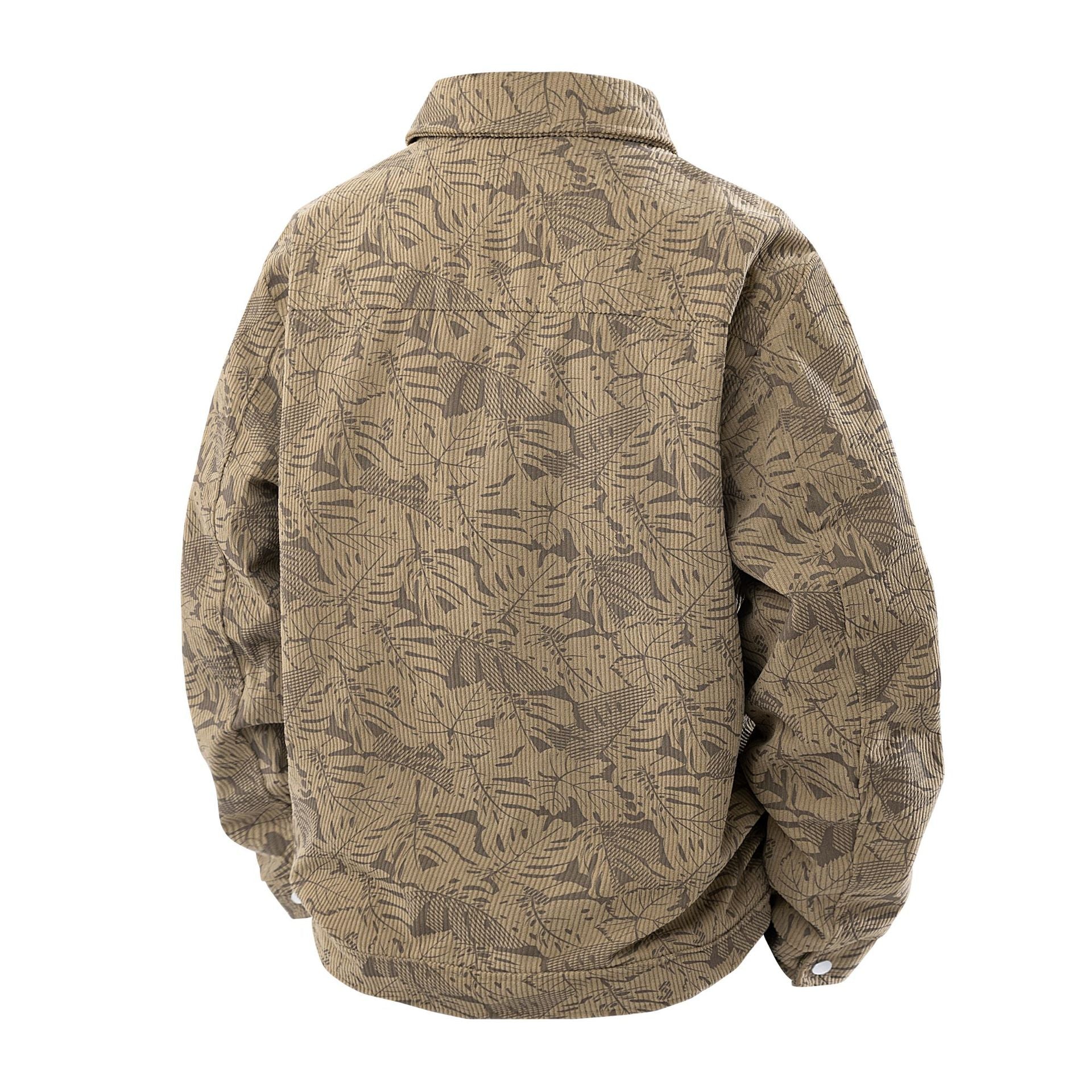 Men's cord jacket in trucker style with tonal leaf pattern, snap-button front and flap pockets Chichicherry
